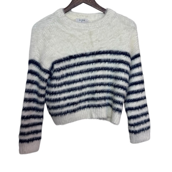 La Ligne Sweaters - La Ligne White and Blue Striped Fuzzy Sweater
